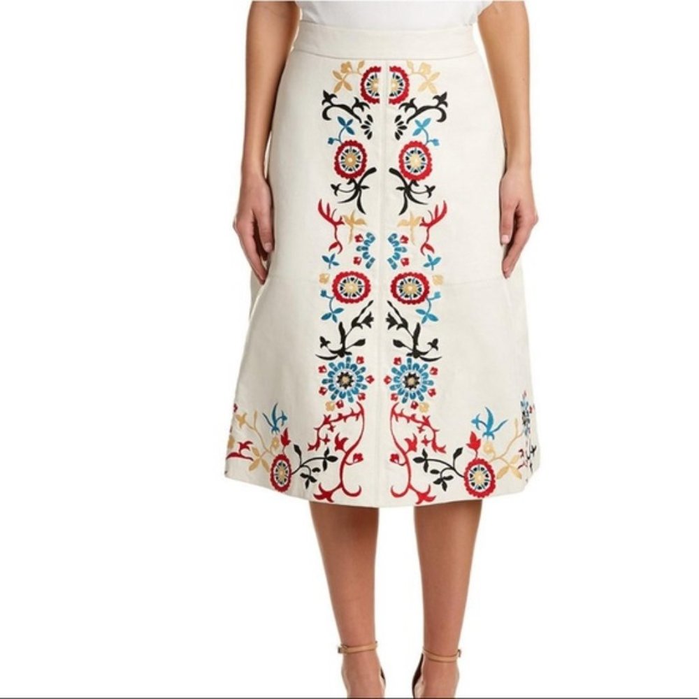 Alice + Olivia Midi A-line Embroidered Skirt